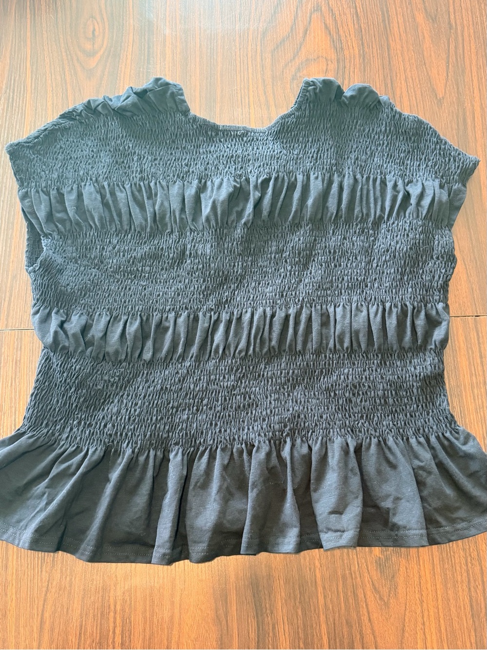 XXL/2X Black Smocked Ruffle Hem Top